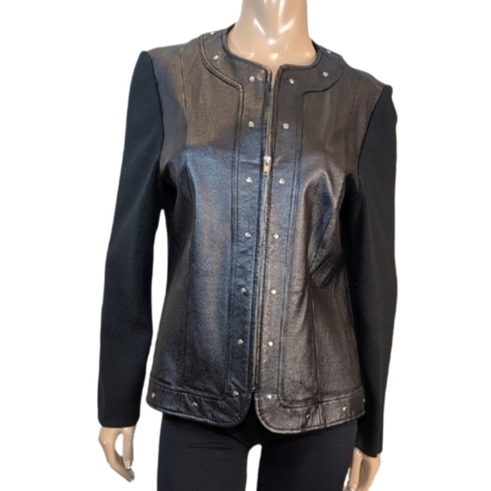 Peter Nygard Studded Leather Jacket Womens Medium 10 12 Black Knit Zippered